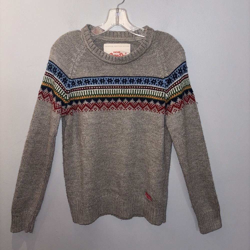 VTG Super Dry Grey Fair Isle Nordic Knit Sweater Pullover Women's Large